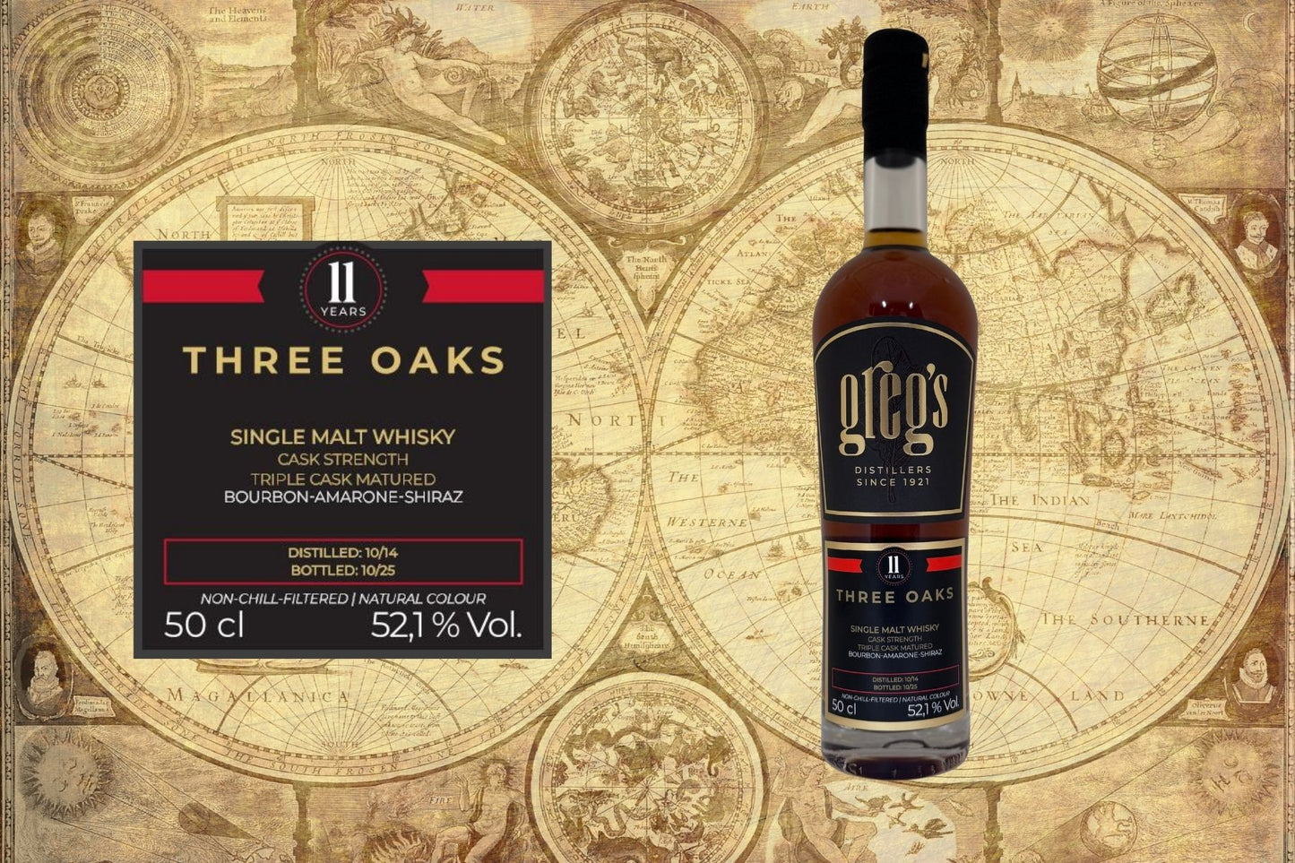 Three Oaks - 11 years Triple Cask Matured Bourbon-Amarone-Shiraz 52,1 % Vol Cask Strength 0,5 l